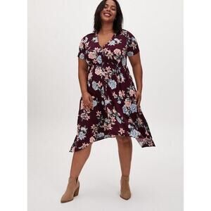 Torrid Midi Challis Shirt Dress 3X Burgundy Asymmetrical Hem Casual Button Up